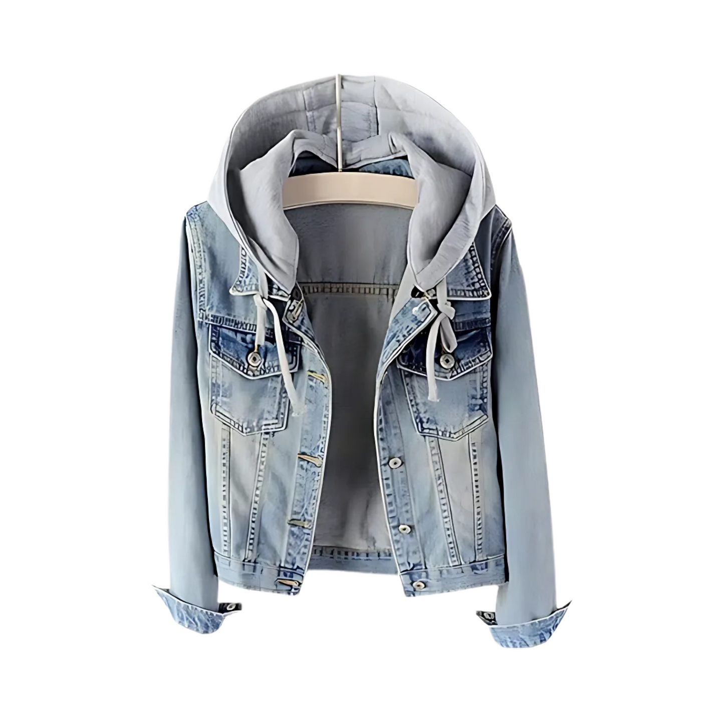 Woman's Casual Detachable Hudi Denim Jacket Light Blue