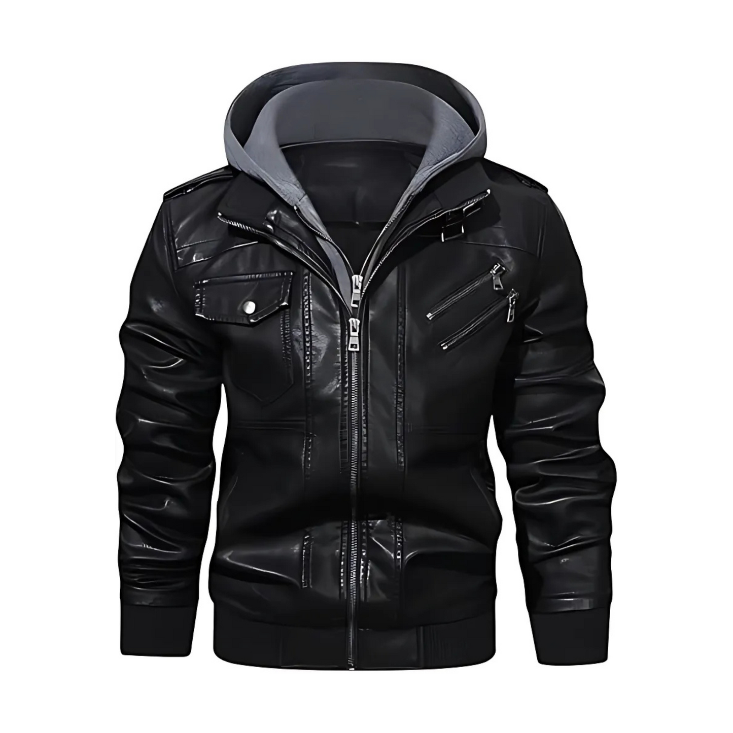 Casual  Men’s Stand Black Collar PU Faux Leather Zip Jacket With A Removable Hood