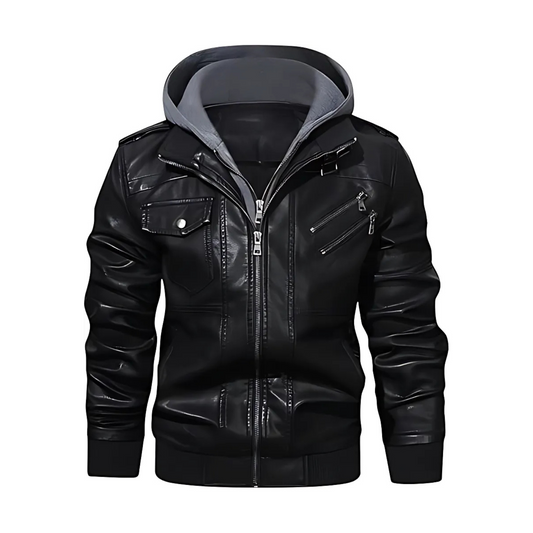 Casual  Men’s Stand Black Collar PU Faux Leather Zip Jacket With A Removable Hood