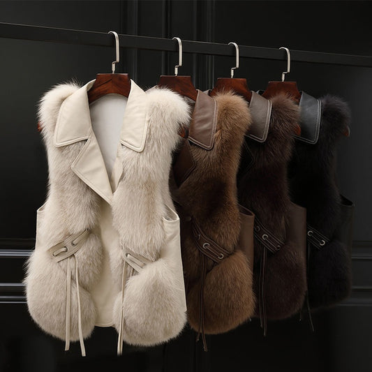 Winter New Patchwork Fox Fur Jacket Women Warm Vest